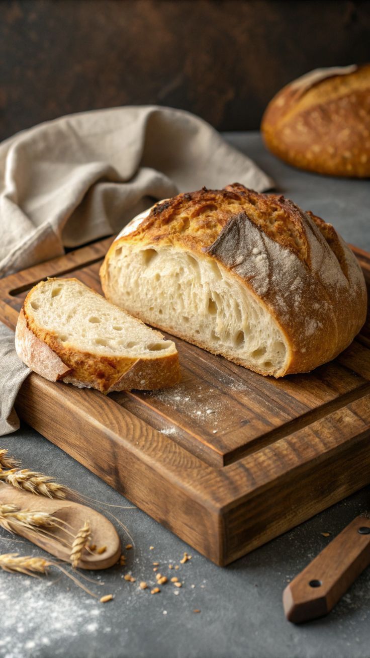 A round country loaf on a wooden board, one thick slice cut