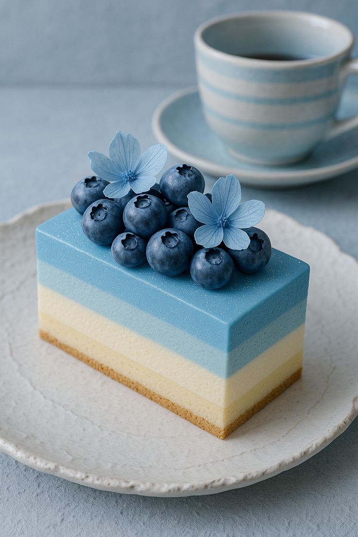 A slice of layered mousse cake topped with blueberries and sugar flowers