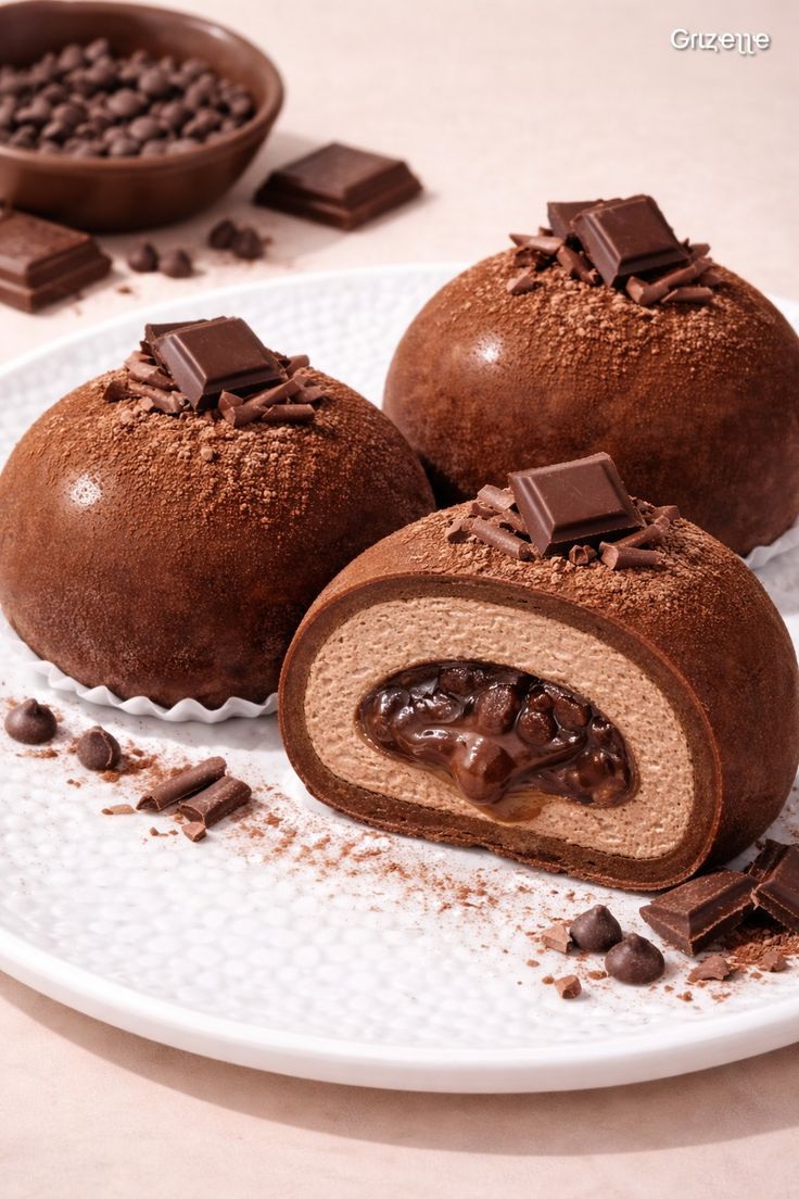Chocolate mousse domes dusted with cocoa, one cut to show the filling