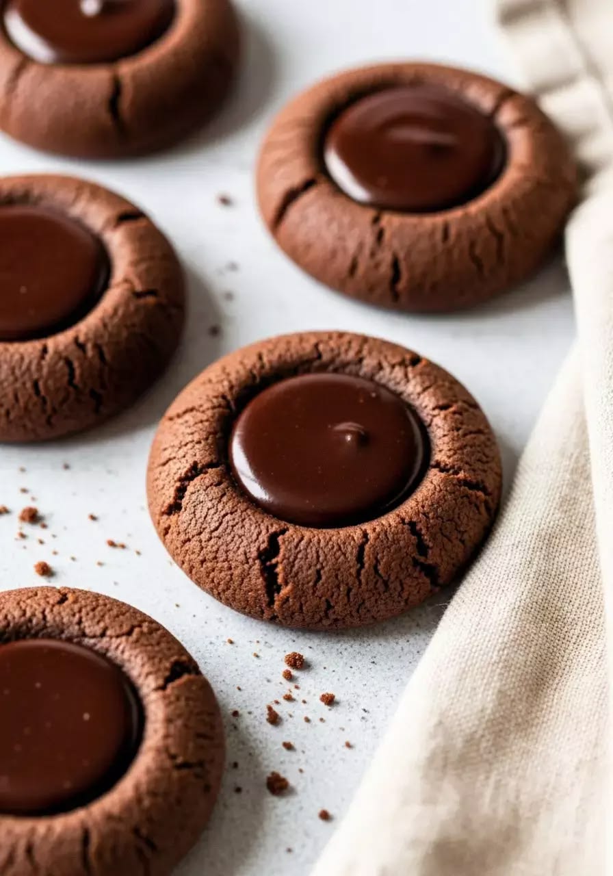 Chocolate thumbprint cookies filled with dark ganache, cooling beside linen