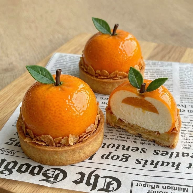Three tartlets shaped and glazed to look like mandarins, one cut open