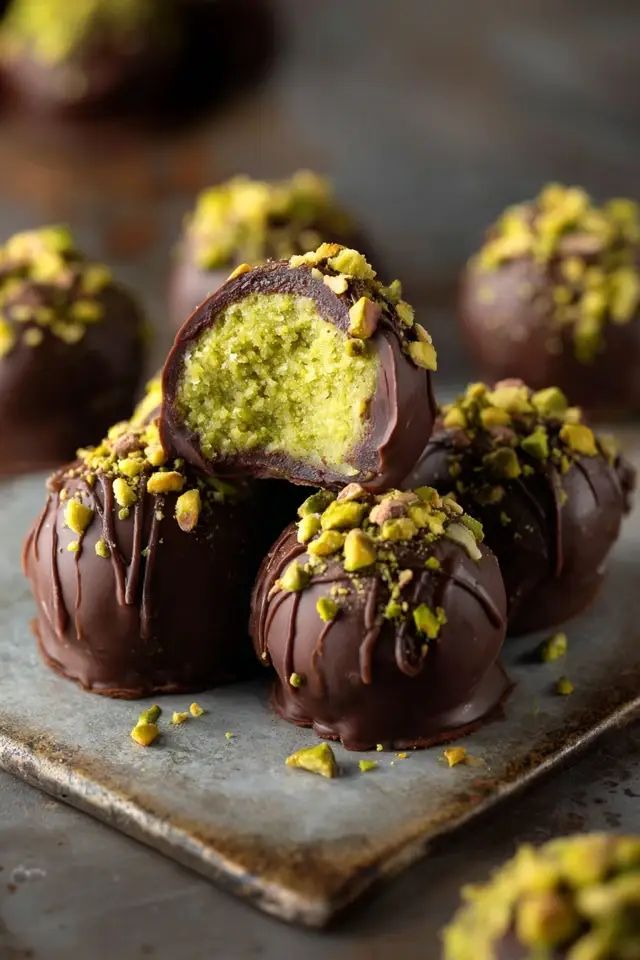 Dark chocolate truffles rolled in chopped pistachio, one cut open